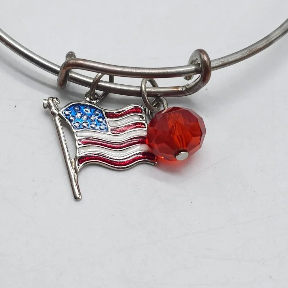 American Flag Bangle Bracelet With Red Crystal Charm